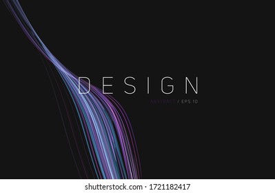 Abstract graphic element of fluid lines in blue and purple gradient coclors, stream from the top to the bottom of the composition in 3d space