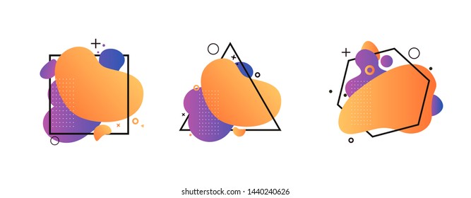 Abstract graphic element set. Orange and violet fluid shapes, triangle, square, hexagon. Regular geometric forms, dynamic lines, layer. Vector illustration for presentation, logo, banner design