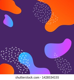 Abstract graphic elements. Blue, purple and orange colors in neon style. Flux dotted forms, flowing liquid shapes, splashes on violet background. Vector template for prints, poster, flyer design