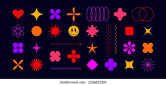 Elementos gráficos abstractos para el diseño conceptual. Símbolo de forma, forma geométrica de conjunto gráfico para patrón, gráfico, diseño web, signo minimalista, estrella, flor, colección de forma abstracta. Ilustración vectorial