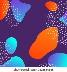 Abstract graphic elements. Cyan and orange colors. Flux dotted forms, flowing liquid shapes on violet background. Vector template for prints, poster, flyer design