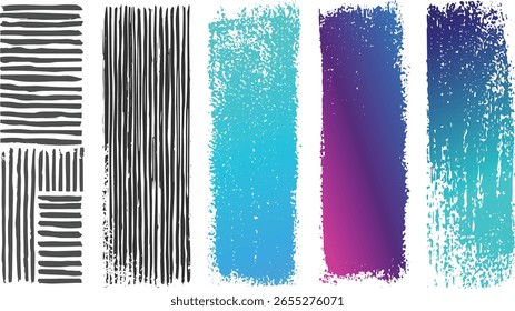 Elementos gráficos abstratos apresentando traçados de pincel e texturas de gradiente em azul, roxo e azul-petróleo.