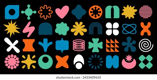 Abstract graphic elements, icons and shapes in y2k style. Retro simple icons in shape of star, flower, geometric figures and lines. Set of vintage basic design elements, vector illustration