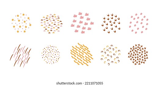 Resumen de elementos gráficos con un estilo mínimo. Conjunto vectorial de textura dibujada a mano para patrones, publicaciones e historias en medios sociales, invitaciones, afiches.