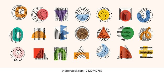 Resumen de elementos gráficos en estilo minimal de moda. Formas de doodles dibujadas a mano, puntos, caídas, curvas, líneas para crear patrones, invitaciones, afiches, tarjetas, publicaciones en medios sociales