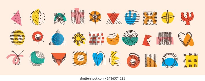 Elementos gráficos abstractos en estilo minimalista de moda. Dibujado a mano formas de garabato, manchas, gotas, curvas, líneas para crear patrones, invitaciones, carteles, tarjetas, publicaciones en redes sociales