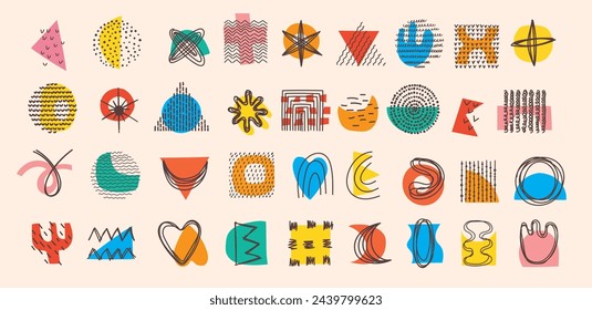 Abstract Graphic Elements in Minimal Trendy Style. Hand drawn doodle shapes, spots, drops, curves, lines for creating patterns, Invitations, posters, cards, social media posts