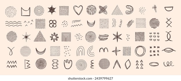 Abstract Graphic Elements in Minimal Trendy Style. Hand drawn doodle shapes, spots, drops, curves, lines for creating patterns, Invitations, posters, cards, social media posts