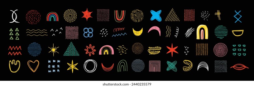 Abstract Graphic Elements in Minimal Trendy Style. Hand drawn doodle shapes, spots, drops, curves, lines for creating patterns, Invitations, posters, cards, social media posts