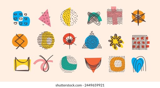Abstract Graphic Elements in Minimal Trendy Style. Hand drawn doodle shapes, spots, drops, curves, lines for creating patterns, Invitations, posters, cards, social media posts