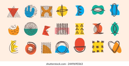 Abstract Graphic Elements in Minimal Trendy Style. Hand drawn doodle shapes, spots, drops, curves, lines for creating patterns, Invitations, posters, cards, social media posts