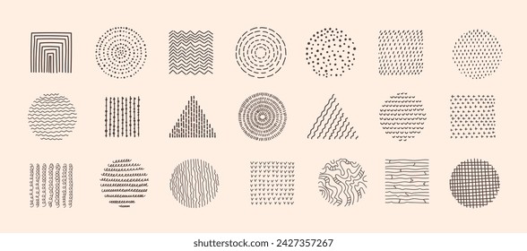 Abstract Graphic Elements set in Minimal Trendy Style. Hand drawn doodle spots, drops, curves, lines for creating patterns, Invitations, posters, cards, social media posts