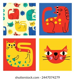 Abstract Graphic Elements set in Minimal Trendy Style. Hand drawn doodle cats, spots, drops, curves, lines for creating patterns, Invitations, posters, cards, social media posts