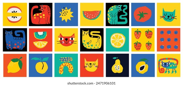 Abstract Graphic Elements set in Minimal Trendy Style. Hand drawn doodle cats, spots, drops, curves, lines for creating patterns, Invitations, posters, cards, social media posts