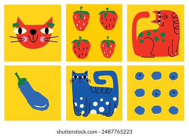 Abstract Graphic Elements set in Minimal Trendy Style. Hand drawn doodle cats, spots, drops, curves, lines for creating patterns, Invitations, posters, cards, social media posts