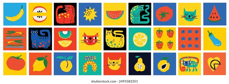 Abstract Graphic Elements set in Minimal Trendy Style. Hand drawn doodle cats, spots, drops, curves, lines for creating patterns, Invitations, posters, cards, social media posts