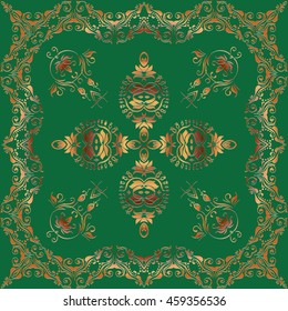 Abstract graphic embossed gold pattern square frame with Mandala geometric ornament.na green background