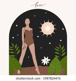 Abstract graphic with ethnic beautiful standing womanwith sun and magic stars in arch. Simple flat boho style isolated on pastel background. Hand drawn isolated vector illustration.