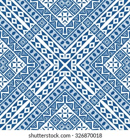 Abstract graphic ethnic pattern in blue and white