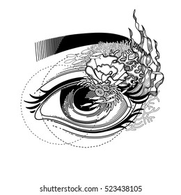 Abstract graphic eye decorated with seaweed and corals. Sacred geometry. Blackwork tattoo or t-shirt design. Vector art isolated on white background. Coloring book page for adults