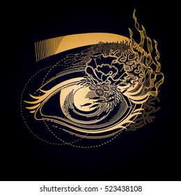 Abstract graphic eye decorated with seaweed and corals. Sacred geometry. Tattoo art or t-shirt design. Vector illustration in gold colors