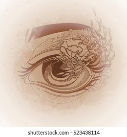 Abstract graphic eye decorated with seaweed and corals. Sacred geometry. Tattoo art or t-shirt design. Vector illustration isolated on vintage background