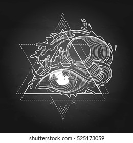 Abstract graphic eye decorated with storm waves. Sacred geometry. Tattoo art or t-shirt design. Vector illustration isolated on the chalkboard