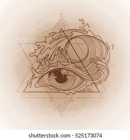 Abstract graphic eye decorated with storm waves. Sacred geometry. Tattoo art or t-shirt design. Vector illustration isolated on vintage background