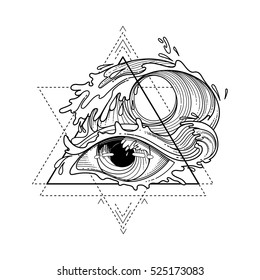 Abstract graphic eye decorated with storm waves. Sacred geometry. Blackwork tattoo or t-shirt design. Coloring book page for adults. Vector art isolated on white background.