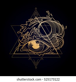 Abstract graphic eye decorated with storm waves. Sacred geometry. Tattoo art or t-shirt design. Vector illustration in gold colors