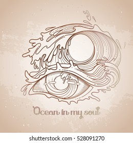 Abstract graphic eye decorated with storm waves. Sacred geometry. Tattoo art or t-shirt design. Vector illustration isolated on vintage background