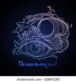 Abstract graphic eye decorated with storm waves. Sacred geometry. Tattoo art or t-shirt design. Vector illustration in pink and blue colors