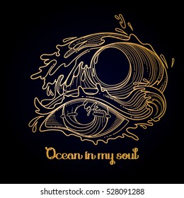 Abstract graphic eye with decorated with storm waves. Sacred geometry. Tattoo art or t-shirt design. Vector illustration in gold colors