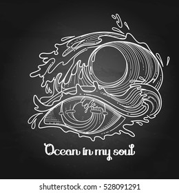Abstract graphic eye decorated with storm waves. Sacred geometry. Tattoo art or t-shirt design. Vector illustration isolated on the chalkboard
