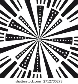 Un gráfico abstracto presenta un diseño radial con franjas blancas y negras alternas y líneas de puntos. La composición simétrica crea un efecto visual dinámico.
