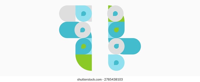 Abstract graphic features stacked circles, varying colors. Minimalist design suggests connection, balance, simplicity. Clean aesthetic.
