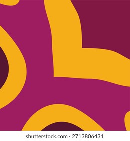 Eine abstrakte Grafik mit fetten, goldgelben, gekrümmten Formen auf tiefem magentafarbenem und bordeauxfarbenem Hintergrund.
