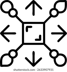 An abstract graphic featuring a central square with arrows pointing in four directions, each ending in a leaf shape, symbolizing growth and direction.