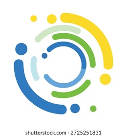 Un gráfico abstracto con arcos concéntricos en azul, azul claro, verde, verde claro y amarillo, dispuestos en un patrón circular. Varios puntos coloridos en azul, amarillo y verde se dispersan alrededor de los arcos, agregando un elemento divertido y dinámico al diseño. El fondo es blanco liso, haciendo que los Elementos coloridos se destaquen.