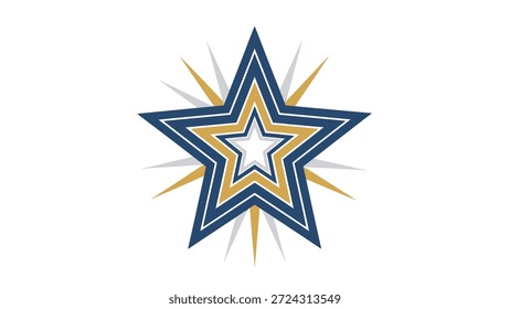 Gráfico abstrato com estrelas concêntricas em camadas com um efeito de intermitência irradiante. Design moderno com uma paleta de cores azul, dourado e branco.