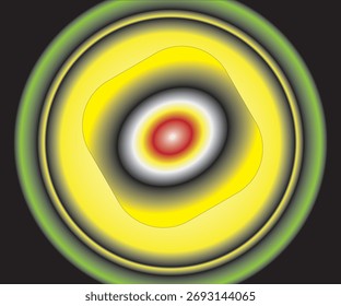 Gráfico abstrato com um quadrado arredondado em camadas com um núcleo vermelho vivo, envolto por intensos anéis de gradiente amarelo e verde-limão. Dinâmico e psicodélico