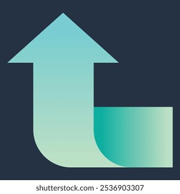 Abstract graphic featuring an upward arrow and a curved shape in a gradient color scheme.