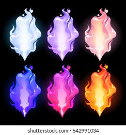 Abstract graphic fire collection in different colors. Vector design element isolated on black background