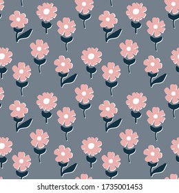 Abstract graphic floral vector seamless pattern on gray background. Stylized hand drawn with ink and brush garden pink daisies. Perfect for fabric, gift wrap, wall art design and others.