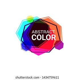 Abstract graphic forms. Orange, cyan, blue, yellow, pink, purple heptagons. Irregular shapes, frames, transparent layers isolated on white. Vector template for logo, presentation, flyer design