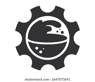 Abstract graphic of a gear containing liquid. Represents innovation, process, movement, or development. Good for science, mechanics, industry, or environmental themes.