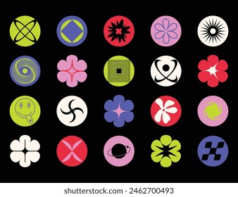 Abstract graphic geometric shapes and forms in cartoon illustration style, icons collection, badges, patches, round sticker design elements set with smiley faces, flowers, stars trendy y2k rave groovy