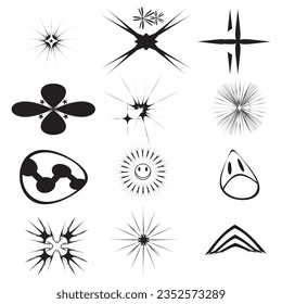 Abstract graphic geometric symbols and objects in y2k style. Templates for notes, posters, banners, stickers, business cards, logo.