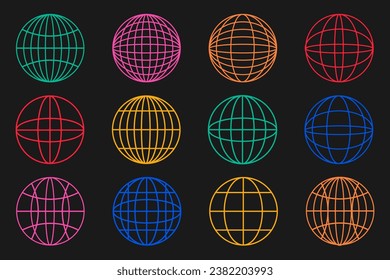 Abstract graphic geometric symbols and objects in y2k style. Colorful retro futuristic sticker. Planets vector y2k illustration 