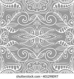 Abstract graphic gray and white background, seamless lace pattern, repeating floral geometric texture. Tribal ethnic ornament, hand drawn doodle sketch vector illustration. 